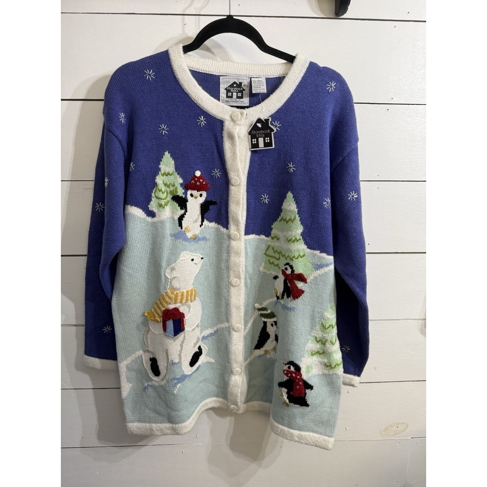 NWT Storybook Knits Winter Polar Bear Penguin Theme Knit Button Up Sweater Large